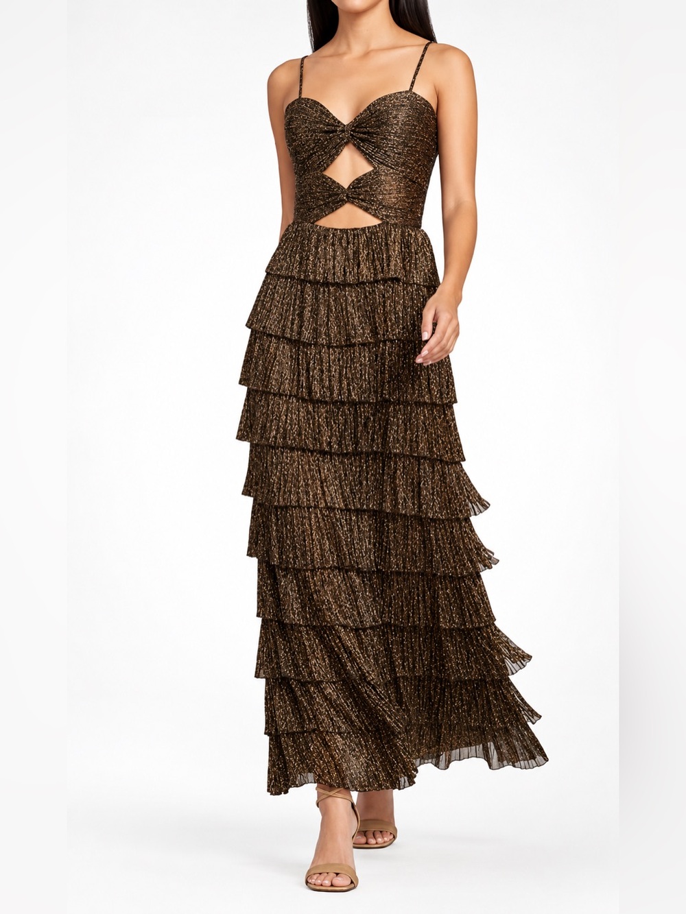 Gianni Bini Metallic Brown Tiered Cutout Maxi Dress Size 10 Party